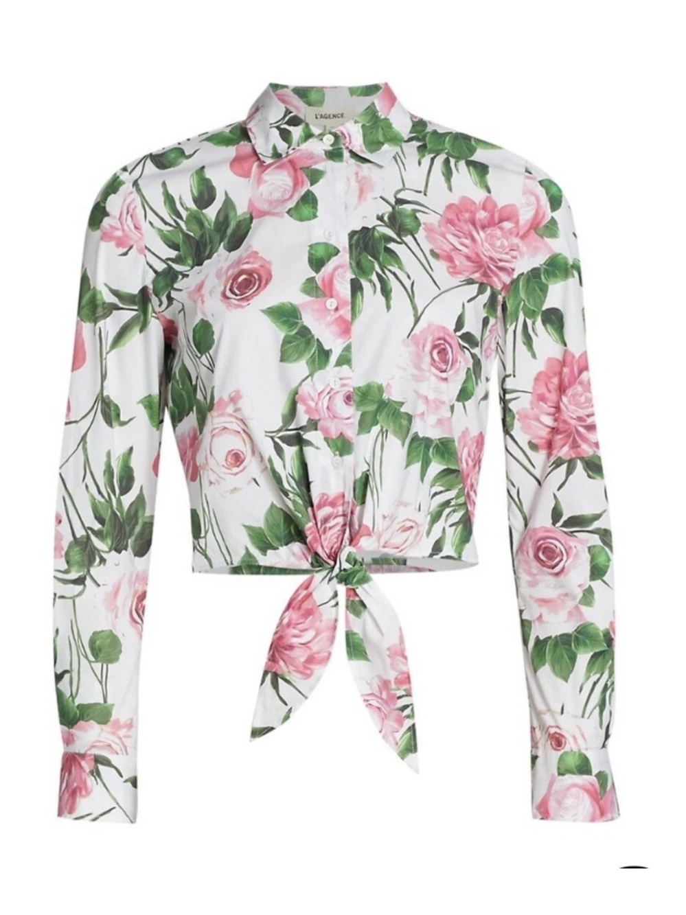 L'AGENCE Pink Rose Floral Tie-Front Button-Down Shirt